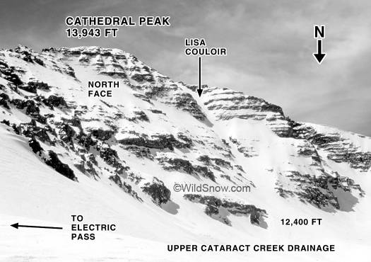 Cathedral Peak from NE, showing Lisa Couloir and north face.