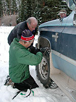 Chaining up for Montezuma is a local tradition. Nothing works better than a big beater Chevy for snow busting. Chaining up for Montezuma is a local tradition. Nothing works better than a big beater Chevy for snow busting.