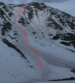 First look at El Diente from Rock of Ages area. Our goal marked in red. I thought the darker snow was all avy debris, Sean was more optimistic. Chris was silent. Carl knew he could ski anything. Attitude is everything... First look at El Diente from Rock of Ages area. Our goal marked in red. I thought the darker snow was all avy debris, Sean was more optimistic. Chris was silent. Carl knew he could ski anything. Attitude is everything...