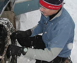 Another test, chain up in a snowstorm. Another test, chain up in a snowstorm.