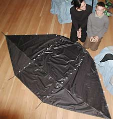 2.5 meter NASA wing complete on the living room floor. At this point we still have to make the bridle and control system. 2.5 meter NASA wing complete on the living room floor. At this point we still have to make the bridle and control system.