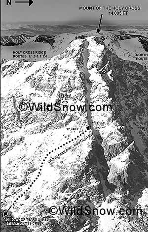 >Mount of the Holy Cross, Cross Couloir is the vertical slot, lower cliff portion is not usually skied though it fills in during some years. >Mount of the Holy Cross, Cross Couloir is the vertical slot, lower cliff portion is not usually skied though it fills in during some years.