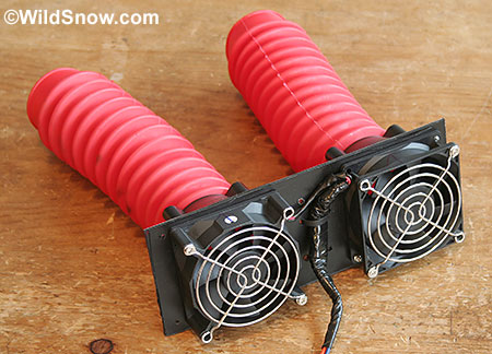 The fans run on 12 volts, Louie rigged the WildSnow Turbo Boot Dryer so it will work in the car with a cigarette lighter plug, and also rigged a 12 volt wall-wart power supply for use indoors. Unless USB powered at 5 volts, most computer fans will run of standard automotive 12 volts. At home with either, use wall adapters havd a drawer full of. The fans run on 12 volts, Louie rigged the WildSnow Turbo Boot Dryer so it will work in the car with a cigarette lighter plug, and also rigged a 12 volt wall-wart power supply for use indoors. Unless they're USB powered at 5 volts, most computer fans will run of standard 12 volts. At home with either, use wall adapters you've got a drawer full of.