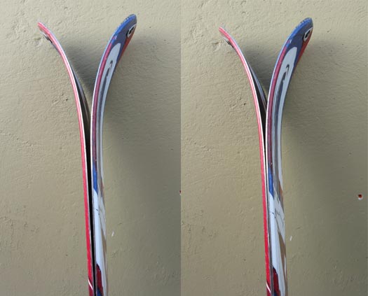 The tip rocker becomes much more obvious when you squeeze the skis together (left) than when the skis are sitting at rest(right).