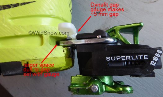 TLT 6 boot set up with Superlite 2.0 binding per Dynafit recommended tech gap using supplied gauge. TLT 6 boot set up with Superlite 2.0 binding per Dynafit recommended tech gap using supplied gauge.