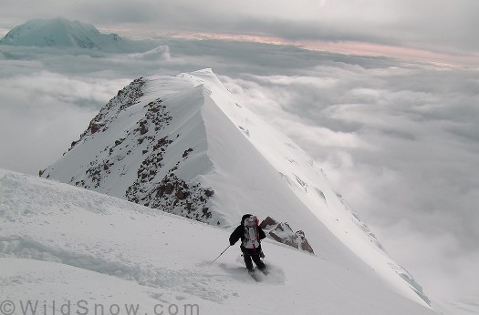 Lou skiing Washburn Ridge at about 16,500 feet, Denali, on his Waybacks.