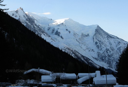 View of Mt. Blanc from Chamonix, a bit of snow in the valley this year.