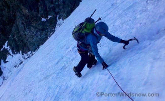 Alex F. on a rare January ice ascent of the Dana Couloir.  The route is better known as a spring ski mountaineering descent.