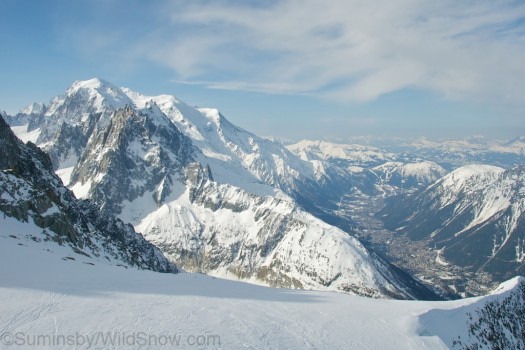 View of Chamonix and Mont Blanc from Les Grand Montets