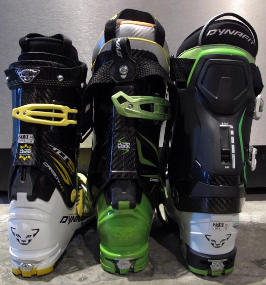 From the rear, left to right, TLT5P, Vulcan, Titan UL freeskiing boots.