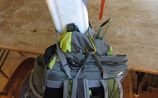 CAMP diagonal ski carry is anchored at the top by this strap and hook.