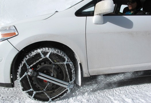 Thule Easy-fit tire chains on the WildSnow green-mobile.
