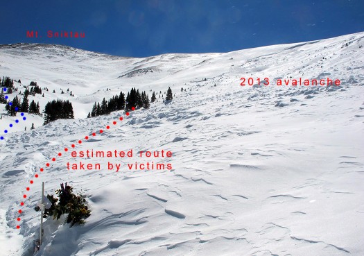 What you see when you exit the approach trail. Safe route is to left. Obvious avalanche slope to right.