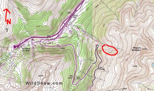 Approximate area of Sheep Creek avalanche. Looking at this map, it's difficult to ascertain why the group would have judged traveling here to be reasonably safe on this particular day. But then, micro route finding can result in good backcountry ski days even during high hazard, so I'm assuming that's what these individuals were engaged in and made a tragic error in judgment and procedure.