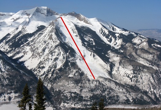 Cleaver avalanche path, extent of 2005 'full path' slide is marked as one would shoot alpha