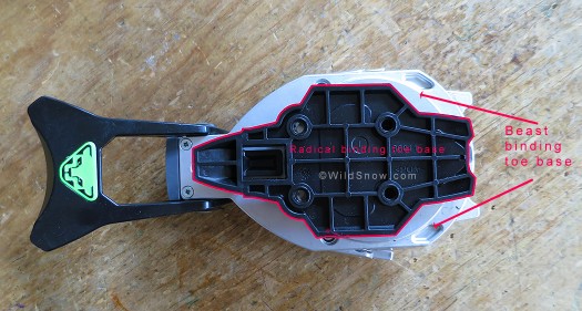Radical toe base on top of Beast toe base, Beast toe is 14 mm wider, irregardless of screw layout.