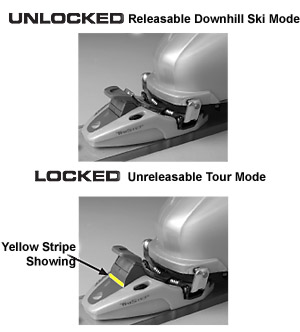 To Lock -- Pull Toe Lever up until yellow "locked" stripe is fully showing. If you cannot pull the lever far enough up to see all of the yellow stripe, hook the shaft of your ski pole under the lever and pull up with both hands on ski pole.