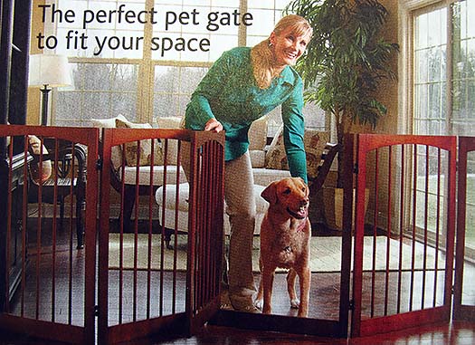 Expanding pet gate spreads out to fit a wide variety of skin tracks.