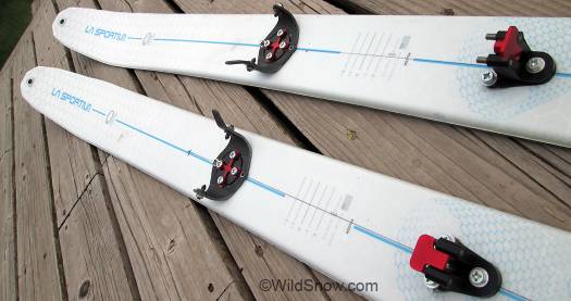 Sportiva Nano 180 cm saddled with Pierre Gignoux micro thong bindings, also known as Fixation Ultimate 2, or branded by Dyanfit as RC1.
