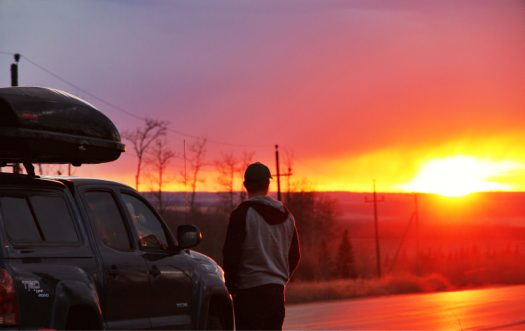  Aaron checking out the fire red sky in western Alberta.  Photo: Anton