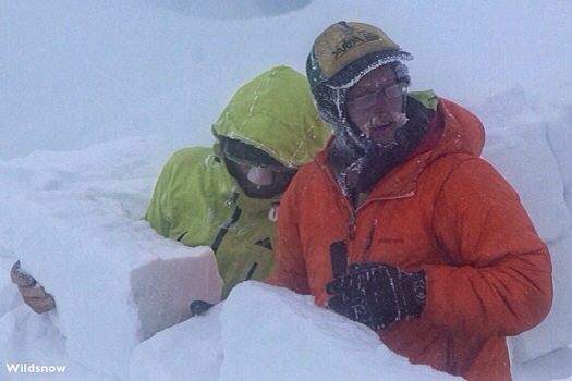 Aaron and Evan building a refuge while being covered with rime ice, day 3, Sultana Ridge. Aaron and Evan building a refuge while getting covered in rime ice, day 3, Sultana Ridge.