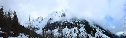Leaving the Cascade River and starting the climb up to Boston Basin in lifting clouds.