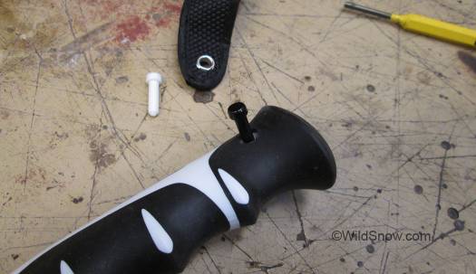 You then push the steel pin into the grip, I tapped it with a plastic mallet to make sure it was seated. You then push the steel pin into the grip, I tapped it with a plastic mallet to make sure it was seated.