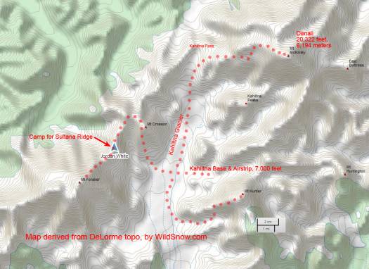 Ski The Big 3 routes both done and proposed. Metrics: Kahiltna Base is at 7,000 feet elevation, Denali (Mount McKinley) tops out at 20,322 feet, 6,194 meters. Click to enlarge. Derivative work based on screen grab from paid DeLorme subscription. Ski The Big 3 routes both done and proposed. Metrics: Kahiltna Base is at 7,000 feet elevation, Denali (Mount McKinley) tops out at 20,322 feet, 6,194 meters. Click to enlarge. Derivative work based on screen grab from paid DeLorme subscription.