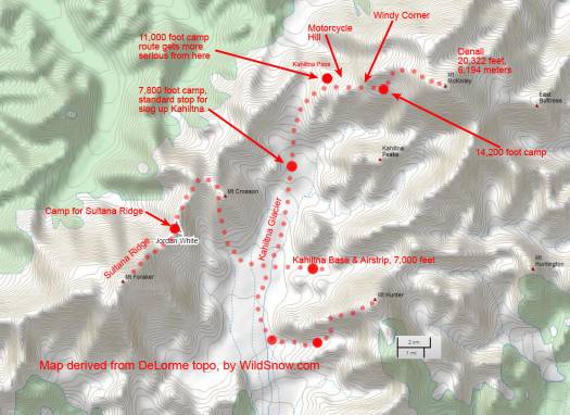 Map showing routes of Ski The Big 3; note 11,000-foot camp on Denali route.