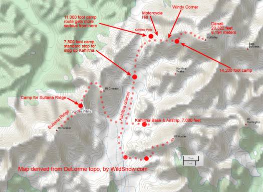 Map showing routes of Ski The Big Three; note 11,000-foot camp on Denali route. Map showing routes of Ski The Big Three; note 11,000-foot camp on Denali route.