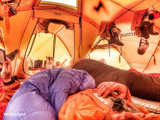 In the tent, below Mount Hunter.