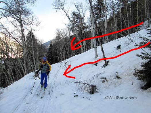 During extreme avalanche danger the lower portion of the approach trail is crossed by quite a few avalanches. During extreme avalanche danger the lower portion of the approach trail is crossed by quite a few avalanches.