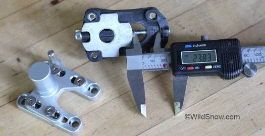 Maruelli with short rails (left) allows 21 mm of fore/aft boot length adjustment. Dynafit Speed to right yields 24 mm. Maruelli with short rails (left) allows 21 mm of fore/aft boot length adjustment. Dynafit Speed to right yields 24 mm.
