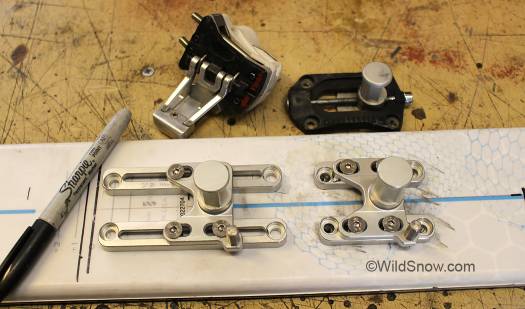 Maruelli Antitwist aftermarket mount plate and spindle (integrated) for Dynafit Speed ski touring binding. Maruelli Antitwist aftermarket mount plate and spindle (integrated) for Dynafit Speed ski touring binding. Spindle shown mounted on longer adjustment rails; optional shorter rails are shown as well.