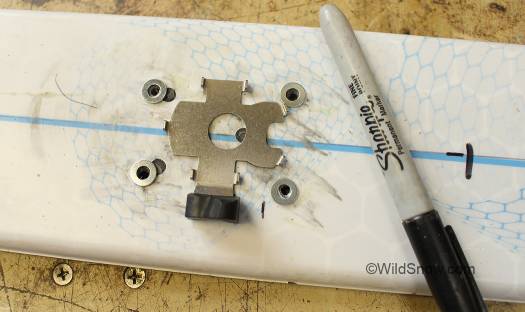 Mockup of how things end up sitting on ski. The washers act as spacers to compensate for the new layer of metal under the spindle base. Mockup of how things end up sitting on ski. The washers act as spacers to compensate for the new layer of metal under the spindle base.