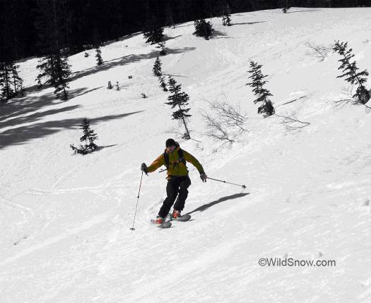 Arcing turns on the Meier skis in spring backcountry conditions.