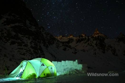 We're testing out a First Ascent Katabatic tent on this trip. It's already been through some punishing wind storms. Here it is on a rare calm night set up next to Refugio Frey. We're testing out a First Ascent Katabatic tent on this trip. It's already been through some punishing wind storms. Here it is on a rare calm night set up next to Refugio Frey.