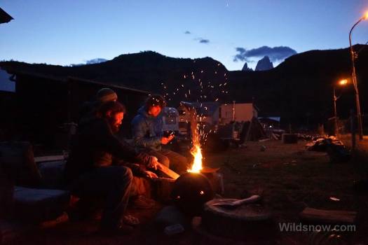 Enjoying Argentinian Malbec, a warm grill, and the tip of Fitz Roy in the fading light. We couldn't have dreamed this up. Enjoying Argentinian Malbec, a warm grill, and the tip of Fitz Roy in the fading light. We couldn't have dreamed this up.