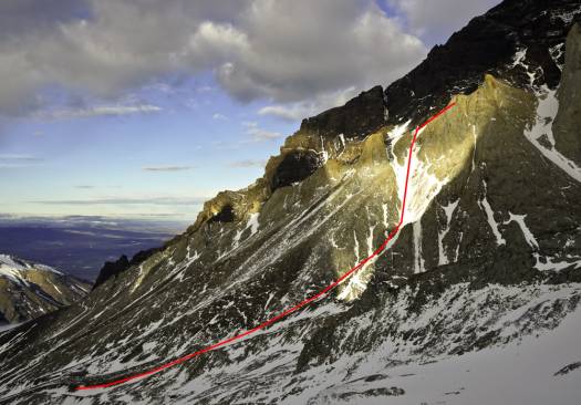 The line marks the long couloir more or less from camp.