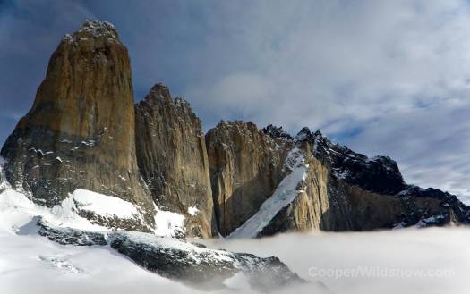 The towers from another angle. The right leaning snow ramp looked the equivalent of the Whillans Ramp of Torres del Paine. The towers from another angle. The right leaning snow ramp looked the equivalent of the Whillans Ramp of Torres del Paine.