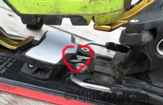 Once you slide the heel unit back for touring mode, you step down on the brake to clip it up for walking. The mechanism for this is simple, as shown in photo the brake arms clip over a small steel stud. Once you slide the heel unit back for touring mode, you step down on the brake to clip it up for walking. The mechanism for this is simple, as shown in photo the brake arms clip over a small steel stud.