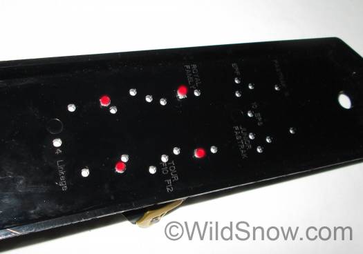 Underside of Marker binding demo board shows various screw patterns, note Royal Family, with Kingpin screws marked as red.
