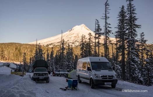 HoodSki (5 of 9) Morning in the encampment. 3 tents, 2 cars, 1 tricked-out Sprinter, and 1 truck-bed mounted tiny house.