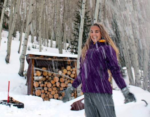 WildSnow Girl, Katie Spieler, decked out in Outdoor Research Clairvoyant jacket and Trailbreaker pant.