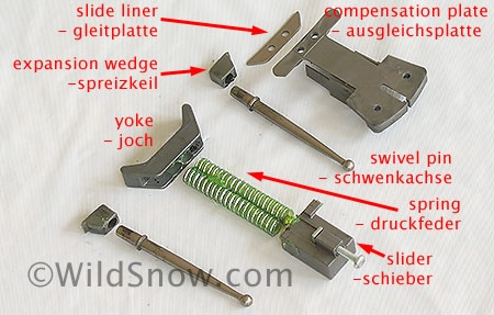 Here is a parts breakdown with official names. German is a cool language for this sort of thing. The green goo is lubricant and probably a corrosion blocker. If you're cleaning and re-lubricating you can use a light lithium grease. Here is a parts breakdown with official names. German is a cool language for this sort of thing. The green goo is lubricant and probably a corrosion blocker. If you're cleaning and re-lubricating you can use a light lithium grease.
