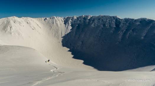 Although there were quite a few people on the climb up, few of them decided to ski into the crater (perhaps because of the rising clouds). We had the place almost to ourselves. Here's Jeff enjoying great pow on his way to the base of the crater. Although there were quite a few people on the climb up, few of them decided to ski into the crater (perhaps because of the rising clouds). We had the place almost to ourselves. Here's Jeff enjoying great pow on his way to the base of the crater.