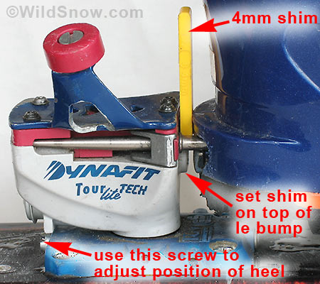 Dynafit TLT binding with adjustment shim spacer in proper position. New bindings after 2009/2010 use a 5.5 mm shim gauge to set the gap. Around 2013 Dynafit switched to a very different shim/gauge that we detail elsewhere. In reality, nearly any tech binding will function with anything around a 4 mm gap plus or minus one millimeter, but you'll get your best performance and safety if you set your bindings to exact manufacturer specifications. Dynafit TLT binding with adjustment shim spacer in proper position. New bindings after 2009/2010 use a 5.5 mm shim gauge to set the gap. Around 2013 Dynafit switched to a very different shim/gauge that we detail elsewhere. In reality, nearly any tech binding will function with anything around a 4 mm gap plus or minus one millimeter, but you'll get your best performance and safety if you set your bindings to exact manufacturer specifications.