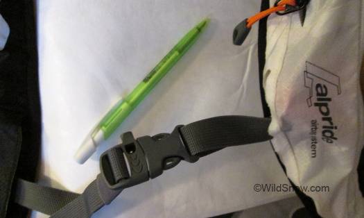 The aluminum chest strap buckle on 2014-2015 Alpride airbag backpacks took some getting used to. For 2015-2016 they've switched to a strong but more easily operated plastic buckle. The aluminum chest strap buckle on 2014-2015 Alpride airbag backpacks took some getting used to. For 2015-2016 they've switched to a strong but more easily operated plastic buckle.