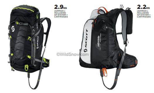 Two ends of the Alpride spectrum. Air Mtn 40 to left is Scott's largest airbag backpack. Air Mtn AP 20 to right is a trim Euro style pack with enough room for minimalist touring gear. Two ends of the Alpride spectrum. Air Mtn 40 to left is Scott's largest airbag backpack. It's slightly reworked for 2015-2016 but nothing earth shattering. If you need a larger airbag backpack this one saves weight at 2.9 kilos (6.4 pounds). Air Mtn AP 20 to right is a trim Euro style pack with enough room for minimalist touring gear.