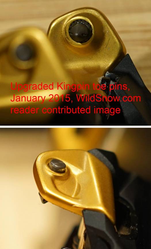 Marker upgraded toe pins began shipping around January 22, 2015 and are easily identified by visible differences. Marker upgraded toe pins began shipping around January 22, 2015 and are easily identified by visible differences.